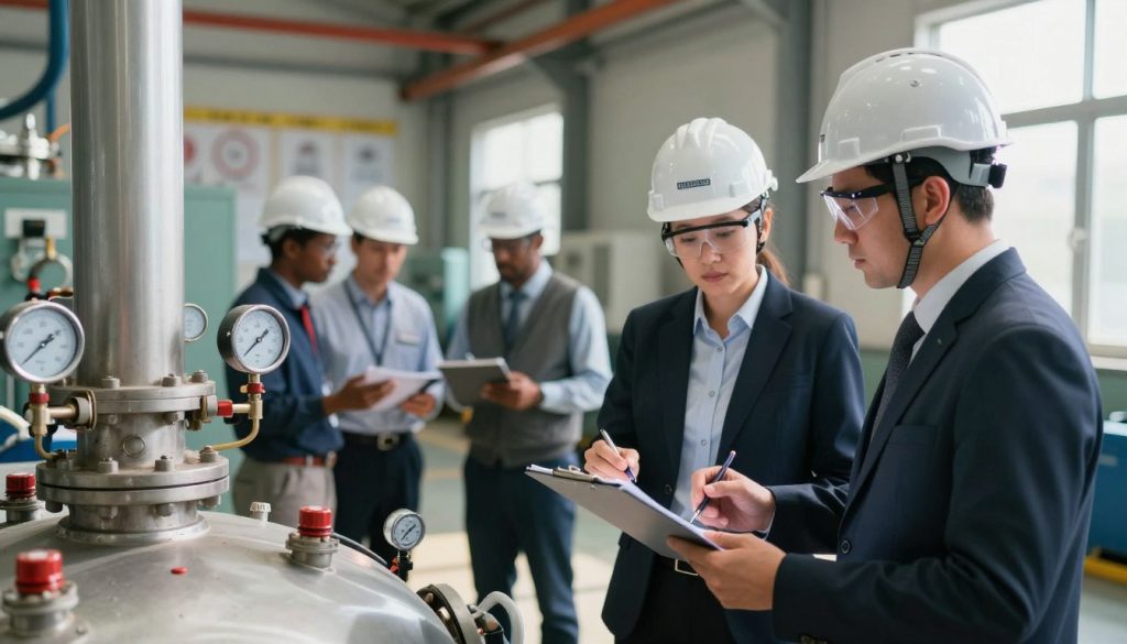 A professional scene depicting certified boiler inspectors in action. In the foreground, two inspectors wearing smart business attire, hard hats, and safety goggles examine a large industrial boiler using a clipboard and digital measuring tools. In the middle ground, a diverse team of inspectors discuss findings, with another inspector checking gauges on the boiler. The background features a well-lit industrial facility, showcasing various machinery and safety posters on the walls. Natural lighting streams through large windows, casting soft shadows that create a serious yet collaborative atmosphere. The focus should be sharp on the inspectors while the background is slightly blurred to emphasize their professionalism and the importance of boiler inspections. A professional scene depicting certified boiler inspectors in action. In the foreground, two inspectors wearing smart business attire, hard hats, and safety goggles examine a large industrial boiler using a clipboard and digital measuring tools. In the middle ground, a diverse team of inspectors discuss findings, with another inspector checking gauges on the boiler. The background features a well-lit industrial facility, showcasing various machinery and safety posters on the walls. Natural lighting streams through large windows, casting soft shadows that create a serious yet collaborative atmosphere. The focus should be sharp on the inspectors while the background is slightly blurred to emphasize their professionalism and the importance of boiler inspections.