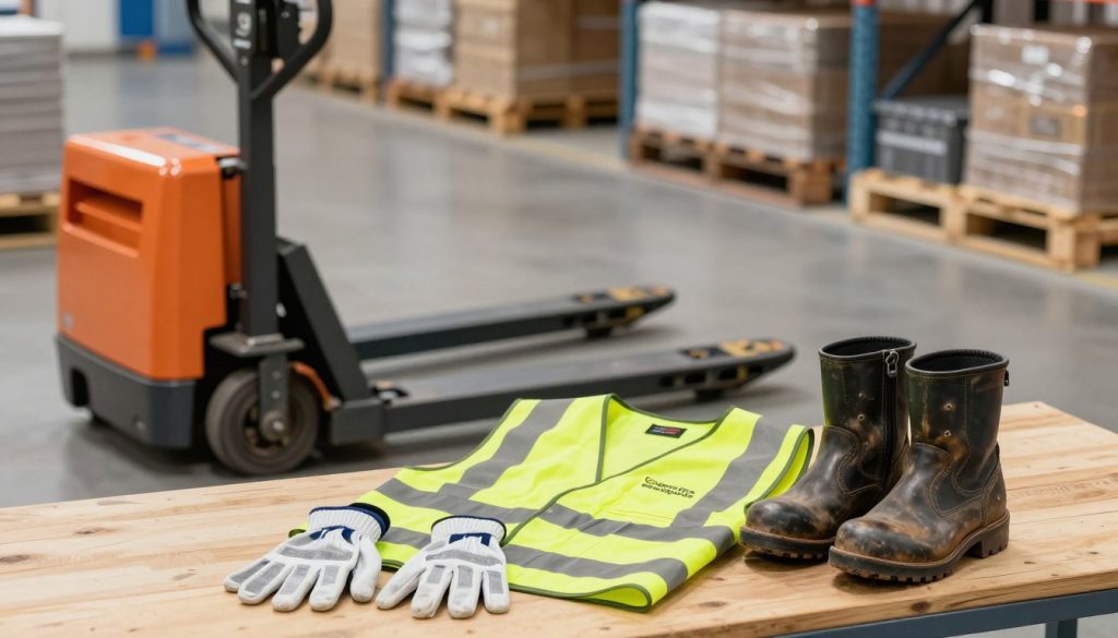 A professional scene showcasing essential personal protective equipment (PPE) for operating a manual pallet jack. In the foreground, display safety gloves, steel-toed boots, and a high-visibility vest arranged neatly on a wooden workbench. The middle ground features a manual pallet jack partially in use, highlighting its operational context. In the background, a well-lit warehouse environment, with shelves stacked with pallets, enhances the industrial atmosphere. The lighting is bright and even, creating a clean, organized feel. The camera angle is slightly elevated, providing a comprehensive view of the PPE items alongside the pallet jack. The mood is focused and professional, emphasizing safety and compliance in a workplace setting. Include subtle branding of "Galpão das máquinas" on the safety gear to reinforce the quality of equipment.
