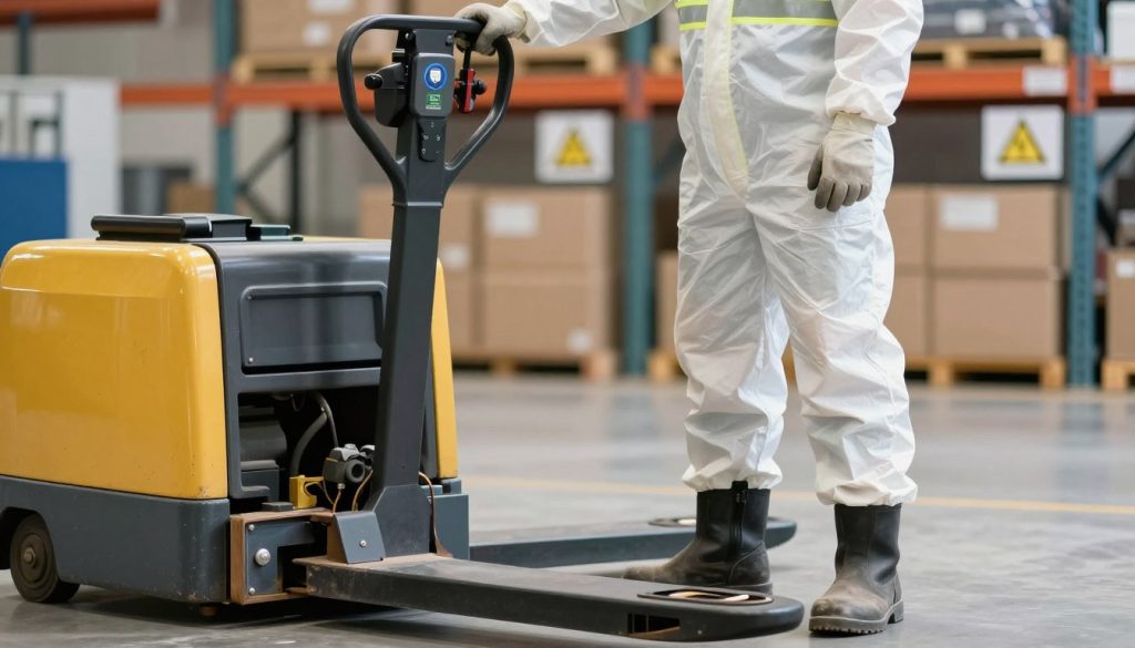 A professional setting depicting an individual wearing proper personal protective equipment (PPE) for operating an electric pallet jack. In the foreground, show a worker wearing a hard hat, safety goggles, gloves, and steel-toed boots, ensuring a focus on the PPE. The middle ground features an electric pallet jack with a clear view of its controls and dimensions. In the background, a well-organized warehouse environment with safety signage visible, conveying compliance and safety. Soft, natural lighting to enhance visibility and create a realistic atmosphere. The image should evoke a sense of professionalism and safety awareness, with a subtle logo of "Galpão das máquinas" on the pallet jack or safety gear, emphasizing the importance of protection in the workplace. A professional setting depicting an individual wearing proper personal protective equipment (PPE) for operating an electric pallet jack. In the foreground, show a worker wearing a hard hat, safety goggles, gloves, and steel-toed boots, ensuring a focus on the PPE. The middle ground features an electric pallet jack with a clear view of its controls and dimensions. In the background, a well-organized warehouse environment with safety signage visible, conveying compliance and safety. Soft, natural lighting to enhance visibility and create a realistic atmosphere. The image should evoke a sense of professionalism and safety awareness, with a subtle logo of "Galpão das máquinas" on the pallet jack or safety gear, emphasizing the importance of protection in the workplace.