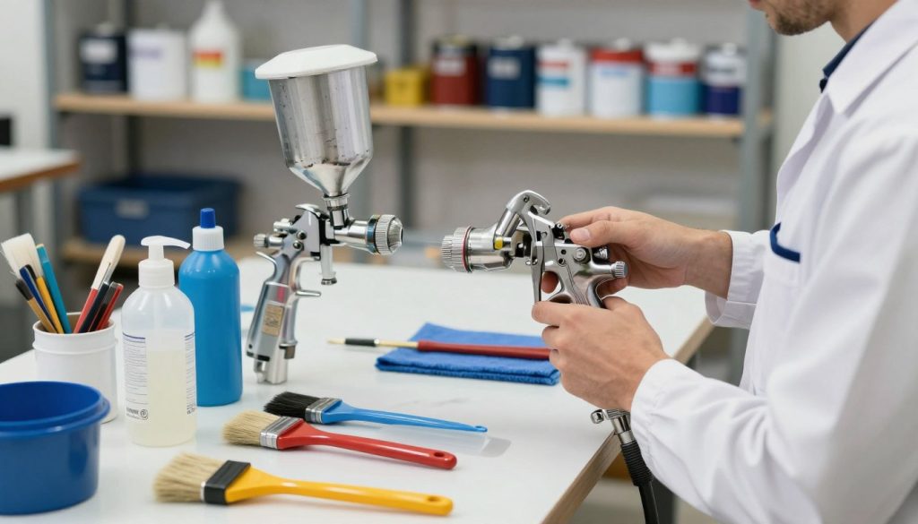 A professional setting illustrating basic cleaning of a paint spray gun, featuring a well-organized workbench with a variety of cleaning tools and materials arranged neatly. In the foreground, a technician in a clean, modest uniform is carefully disassembling the paint gun, showcasing its intricate components. The middle layer captures the paint spray gun in detail, with visible paint residue and cleaning supplies like brushes, solvents, and cloths. The background displays a tidy workshop environment with shelves stocked with tools and paint canisters, giving a sense of order. Soft, bright lighting highlights the subject, creating a clean and focused atmosphere. Include the branding "Galpão das máquinas" subtly on a nearby tool or workspace item, ensuring it blends seamlessly without overpowering the scene.