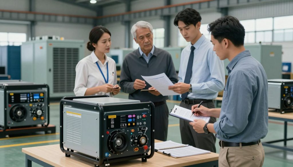 A professional setting in an industrial environment showcasing an energy generator selection process. In the foreground, a business professional wearing smart casual attire examines a compact, modern generator unit on a table, taking notes. The middle layer features a diverse team of three professionals discussing various generator models, with documents and charts spread out. The background displays a well-lit industrial workshop with larger generators and equipment, highlighting the technical aspect of power generation. Soft lighting emphasizes the seriousness of the discussion, casting a clear focus on the individuals and equipment, creating a mood of collaboration and informed decision-making. The scene captures the essence of choosing the right energy generator for business needs. A professional setting in an industrial environment showcasing an energy generator selection process. In the foreground, a business professional wearing smart casual attire examines a compact, modern generator unit on a table, taking notes. The middle layer features a diverse team of three professionals discussing various generator models, with documents and charts spread out. The background displays a well-lit industrial workshop with larger generators and equipment, highlighting the technical aspect of power generation. Soft lighting emphasizes the seriousness of the discussion, casting a clear focus on the individuals and equipment, creating a mood of collaboration and informed decision-making. The scene captures the essence of choosing the right energy generator for business needs.