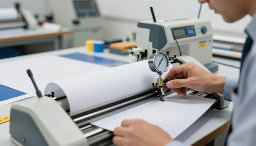 A professional setting showcasing a detailed plotter machine in action, with a close-up of the cutting pressure gauge displayed prominently in the foreground. The middle ground features precise cut materials, such as vinyl and paper, carefully arranged to highlight their clean edges, while a skilled technician in business attire adjusts the gauge, focused on achieving the ideal cutting pressure. In the background, a well-lit workshop environment filled with additional machinery and tools conveys an industrious atmosphere. Soft, even lighting enhances the scene, simulating a bright, clear day inside the workshop of "Galpão das máquinas". The overall mood is one of concentration and mastery, illustrating the technical intricacies of achieving perfect cutting pressure.