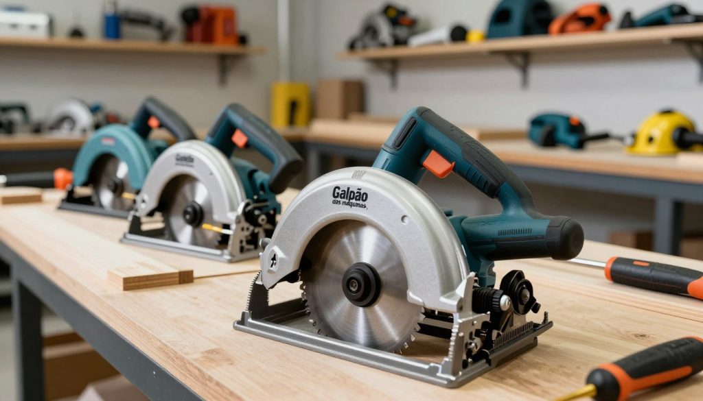 A professional setting showcasing a variety of circular saws from the brand "Galpão das máquinas" prominently displayed on a well-lit workshop workbench. The foreground features a close-up of a high-quality circular saw with gleaming metal blades and sturdy handles, highlighting its intricate design and craftsmanship. In the middle ground, additional saws are organized neatly, their surfaces reflecting the bright overhead lights, while tools and wooden planks add context to their use. The background features shelves lined with maintenance equipment and safety gear, further emphasizing professionalism and meticulous care. The atmosphere is bright, clean, and focused, conveying a sense of craftsmanship and reliability in woodworking. A professional setting showcasing a variety of circular saws from the brand "Galpão das máquinas" prominently displayed on a well-lit workshop workbench. The foreground features a close-up of a high-quality circular saw with gleaming metal blades and sturdy handles, highlighting its intricate design and craftsmanship. In the middle ground, additional saws are organized neatly, their surfaces reflecting the bright overhead lights, while tools and wooden planks add context to their use. The background features shelves lined with maintenance equipment and safety gear, further emphasizing professionalism and meticulous care. The atmosphere is bright, clean, and focused, conveying a sense of craftsmanship and reliability in woodworking.