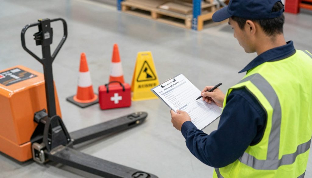 A professional setting showcasing essential safety procedures for using a manual pallet jack. In the foreground, a well-dressed worker in a safety vest meticulously examines a checklist next to the pallet jack, ensuring compliance with safety protocols. In the middle ground, various safety equipment like cones, caution signs, and a first-aid kit are arranged neatly. The background features a warehouse environment with proper lighting that highlights the scene, creating a clear, bright atmosphere. The image should have a slightly elevated angle, giving a comprehensive view of the checklist and safety equipment. Include subtle branding of "Galpão das máquinas" on visible safety equipment. The overall mood should be focused and professional, emphasizing the importance of workplace safety.