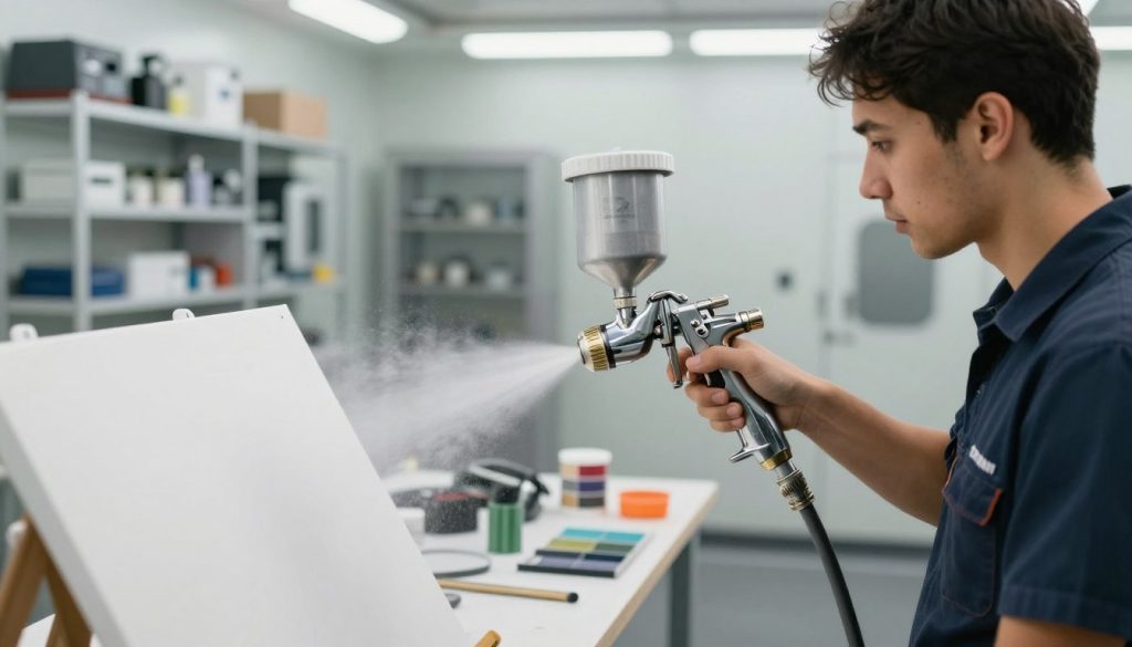 A professional setting showcasing the applications of HVLP (High Volume Low Pressure) spray guns, specifically highlighting the "Galpão das máquinas" brand. The foreground features an experienced technician in smart casual attire, expertly maneuvering an HVLP spray gun, creating a fine mist of paint on a large canvas. In the middle ground, a clean and well-organized workshop is visible, with various painting tools, color samples, and a spray booth. The background includes shelves filled with machines and equipment, softly illuminated by bright, even lighting, emphasizing a productive atmosphere. The scene captures the precision and efficiency of HVLP technology in professional applications, invoking a sense of expertise and craftsmanship. The camera angle is slightly elevated, providing a dynamic view of the interaction between the technician and the tools, while showcasing a clear and focused environment.