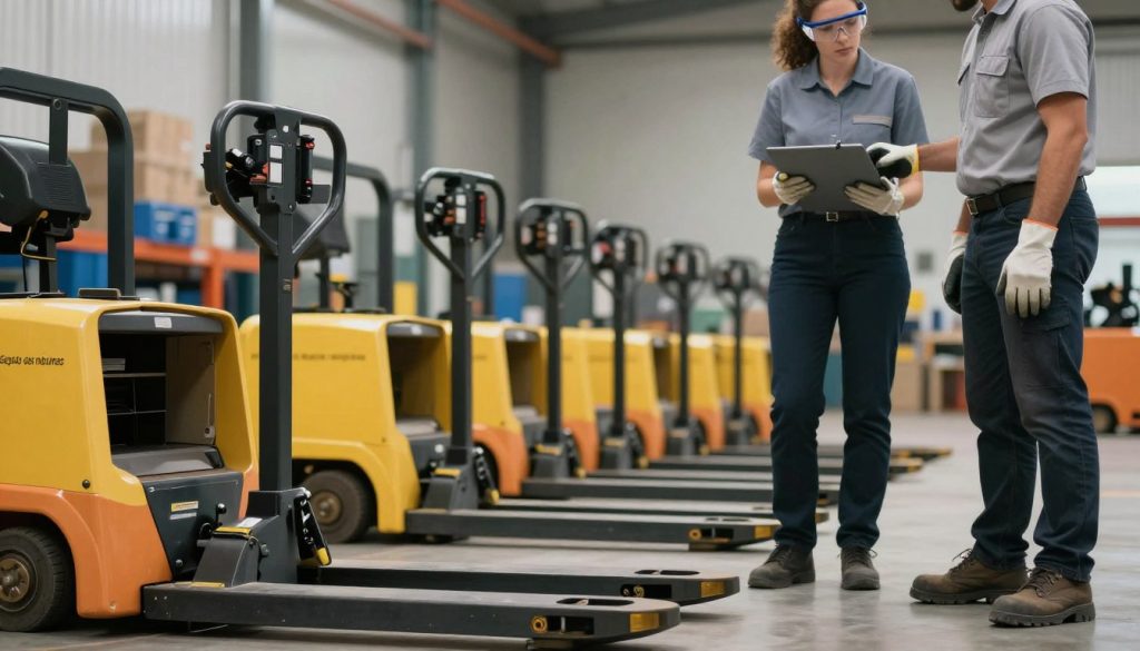 A professional setting showcasing the compatibility and use of Personal Protective Equipment (PPE) for operating manual pallet jacks. In the foreground, a diverse group of two workers, one male and one female, is demonstrating the correct use of PPE, including gloves, safety shoes, and protective eyewear, dressed in professional business attire. In the middle ground, a variety of manual pallet jacks are arranged neatly, with focus on safety features and equipment details. The background features a well-organized warehouse environment with soft, ambient lighting that creates a safe and secure atmosphere. The angle is slightly low, giving prominence to the workers and the equipment. The brand name "Galpão das máquinas" is subtly integrated into the environment, reflecting professionalism and industry standards. The mood is focused and informative, encouraging safety awareness.