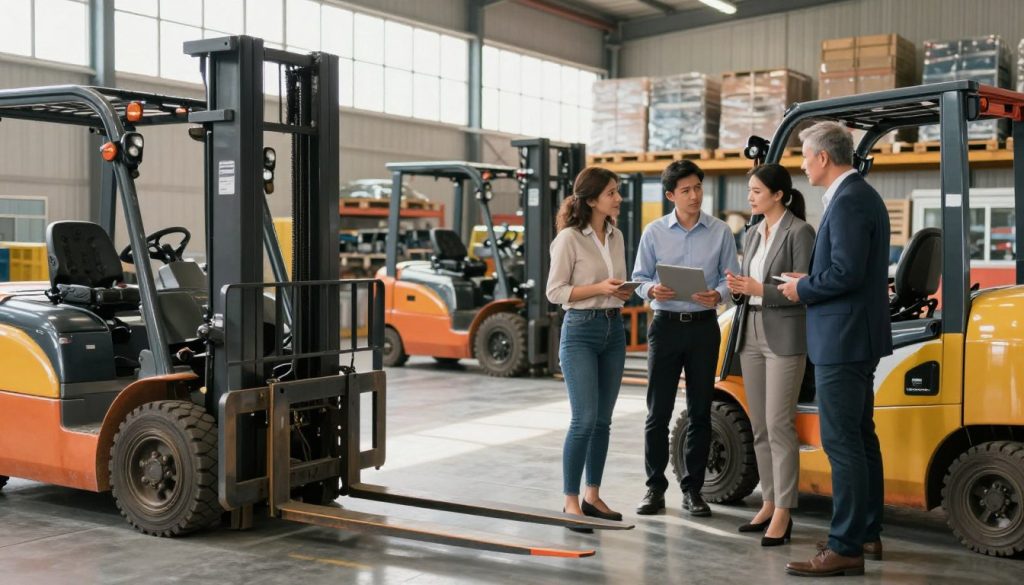 A professional setting showcasing the ideal width selection of forklift forks for optimal operation. In the foreground, display a diverse group of three individuals in business attire, engaged in a focused discussion while examining two differently sized forks on a warehouse floor. In the middle ground, a variety of forklifts with distinct fork widths are positioned, representing a range of applications. In the background, a well-organized warehouse filled with pallets and equipment, illuminated by natural light streaming through large windows, captures the industrial atmosphere. Use a slight upward angle to emphasize the scale of the setting. The mood is collaborative and informative, highlighting careful consideration in choosing the width, branded subtly with "Galpão das máquinas" on a visible aspect of the scene.