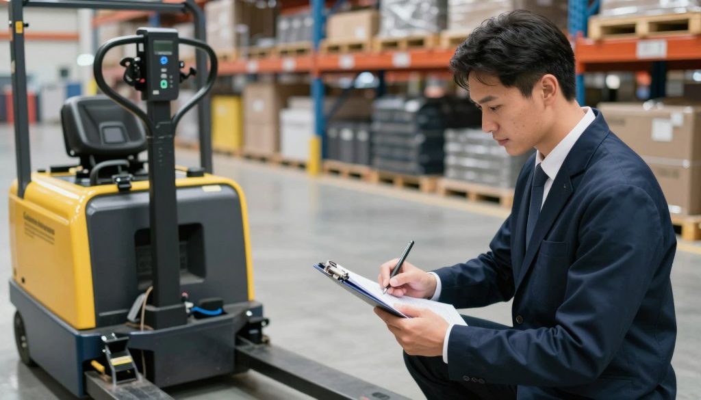 A professional technician, dressed in business attire, inspecting an electric pallet truck in a well-lit warehouse. In the foreground, the technician examines the control panel of the pallet truck, noting details like battery levels and safety features. The middle ground features the electric pallet truck, a modern model from "Galpão das máquinas," showcasing its ergonomics and design. The background reveals a clean and organized warehouse environment with shelves of equipment and vibrant lighting illuminating the scene. The image should evoke a sense of professionalism and meticulousness, with a slight focus on the technician's concentrated expression as they follow a checklist for safety compliance. The angle is slightly elevated, providing a clear view of the technician and the electric pallet truck in action, emphasizing the importance of safety checks.