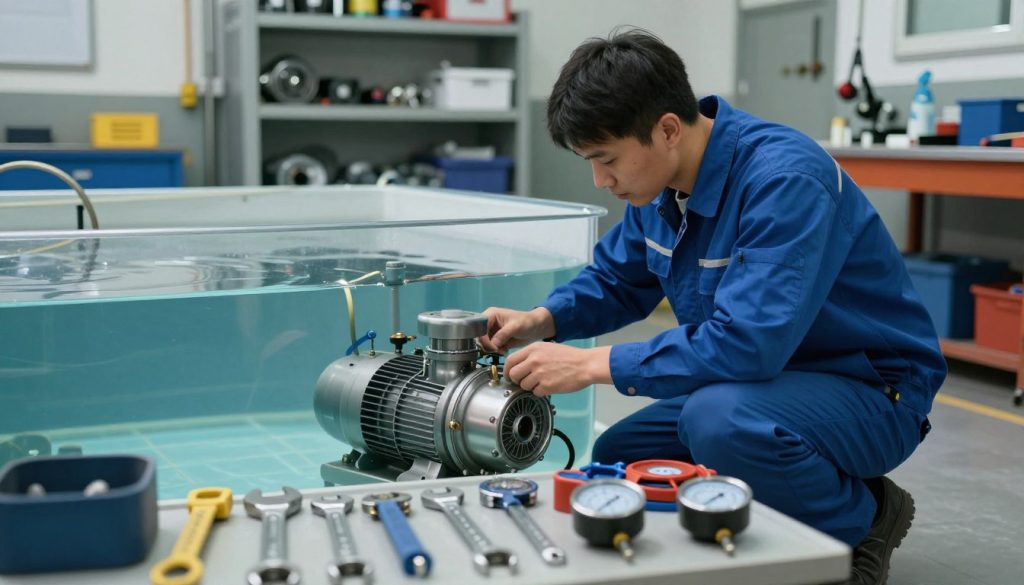 A professional technician in a blue uniform examines a submerged pump, kneeling beside a large, clear water tank. The foreground showcases various tools, including wrenches and gauges, neatly organized on a workbench. The middle ground features the technician closely inspecting the pump, with focused initiative, illuminated by soft overhead lights, enhancing the realistic details. In the background, a clean and organized maintenance workshop can be seen, with shelves stacked with parts and equipment, conveying a sense of order and professionalism. The atmosphere is serious and industrious, reflecting the importance of preventive maintenance. The image is taken from a low angle, highlighting the technician’s expertise and dedication to ensuring the proper functioning of the submerged pump. A professional technician in a blue uniform examines a submerged pump, kneeling beside a large, clear water tank. The foreground showcases various tools, including wrenches and gauges, neatly organized on a workbench. The middle ground features the technician closely inspecting the pump, with focused initiative, illuminated by soft overhead lights, enhancing the realistic details. In the background, a clean and organized maintenance workshop can be seen, with shelves stacked with parts and equipment, conveying a sense of order and professionalism. The atmosphere is serious and industrious, reflecting the importance of preventive maintenance. The image is taken from a low angle, highlighting the technician’s expertise and dedication to ensuring the proper functioning of the submerged pump.