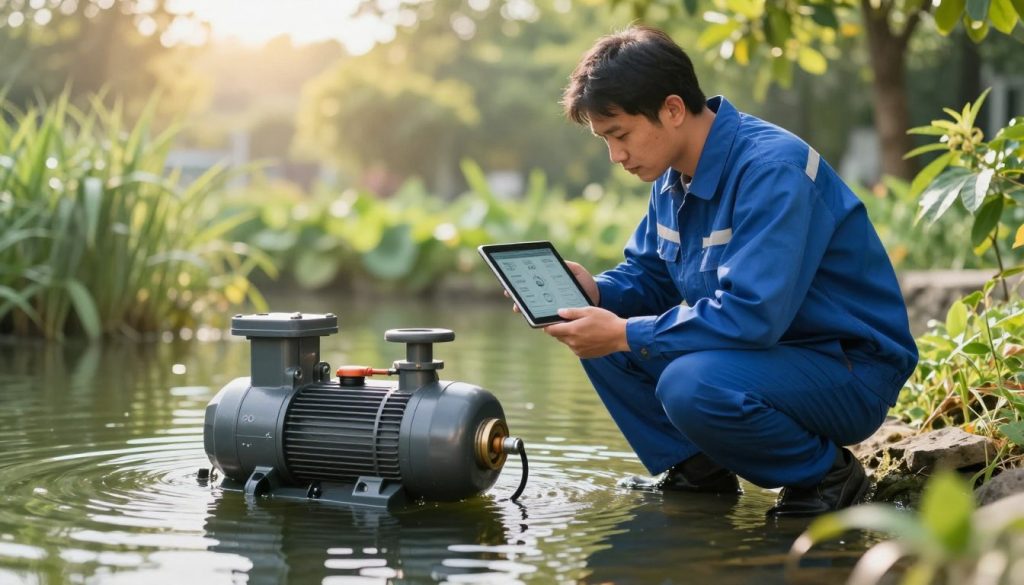 A professional technician in a blue uniform, examining a submerged pump in a tranquil water setting. The technician is kneeling beside the pump, using a digital tablet to monitor performance data. In the foreground, focus on the intricate details of the pump, showcasing its mechanical components with water gently reflecting the light. In the middle ground, depict lush greenery surrounding the water, symbolizing a healthy ecosystem. The background features soft sunlight filtering through the trees, creating a warm and inviting atmosphere. Use a wide-angle lens to capture the entire scene, highlighting the technician's commitment to preventive maintenance. The overall mood is one of professionalism and diligence, emphasizing the crucial role of maintenance in preventing future issues with the submerged pump. A professional technician in a blue uniform, examining a submerged pump in a tranquil water setting. The technician is kneeling beside the pump, using a digital tablet to monitor performance data. In the foreground, focus on the intricate details of the pump, showcasing its mechanical components with water gently reflecting the light. In the middle ground, depict lush greenery surrounding the water, symbolizing a healthy ecosystem. The background features soft sunlight filtering through the trees, creating a warm and inviting atmosphere. Use a wide-angle lens to capture the entire scene, highlighting the technician's commitment to preventive maintenance. The overall mood is one of professionalism and diligence, emphasizing the crucial role of maintenance in preventing future issues with the submerged pump.