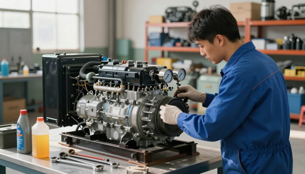 A professional technician in a blue uniform performs maintenance on a diesel generator, focused on inspecting the engine components. In the foreground, tools such as wrenches and oil bottles are neatly arranged on a workbench. The middle ground features a robust diesel generator, showcasing its intricate system of pipes and gauges. The background includes a well-lit industrial workshop with shelves filled with spare parts and machinery. Natural sunlight filters through high windows, casting soft shadows and creating a clean, organized atmosphere. The overall mood is one of diligence and professionalism, emphasizing the importance of proper maintenance for efficient diesel generator operation.
