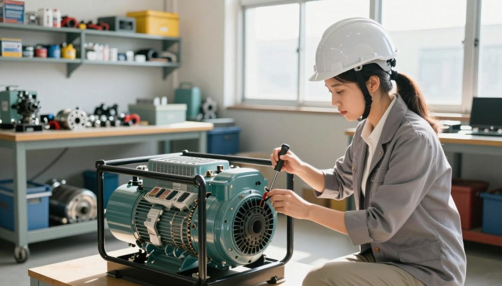 A professional technician in a bright, well-lit workshop is performing preventive maintenance on a sturdy energy generator. In the foreground, focused on a woman wearing a safety helmet and business casual attire using tools to inspect generator components, highlighting her expertise. In the middle ground, various parts and machinery are visibly organized on a workbench, illustrating the complexity of generator systems. In the background, shelves filled with spare parts and maintenance manuals complement the workshop environment. The scene is illuminated with natural light streaming through large windows, creating a warm yet industrious atmosphere. The overall mood is one of diligence and professionalism, emphasizing the importance of preventive maintenance for energy generators. A professional technician in a bright, well-lit workshop is performing preventive maintenance on a sturdy energy generator. In the foreground, focused on a woman wearing a safety helmet and business casual attire using tools to inspect generator components, highlighting her expertise. In the middle ground, various parts and machinery are visibly organized on a workbench, illustrating the complexity of generator systems. In the background, shelves filled with spare parts and maintenance manuals complement the workshop environment. The scene is illuminated with natural light streaming through large windows, creating a warm yet industrious atmosphere. The overall mood is one of diligence and professionalism, emphasizing the importance of preventive maintenance for energy generators.