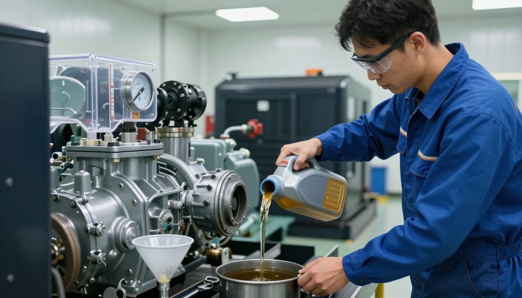 A professional technician in a clean industrial setting is performing an oil change on a large energy generator. In the foreground, the technician, wearing blue coveralls and safety glasses, is focused on pouring fresh oil into the generator's oil reservoir. Tools lie nearby, including a funnel and a wrench. The middle ground features the generator itself, with clear visages of its intricate mechanical parts and a transparent gauge showing oil levels. In the background, soft overhead lighting illuminates the workspace, creating a bright and efficient atmosphere. The scene conveys a sense of diligence and technical expertise, emphasizing safety and professionalism in equipment maintenance.