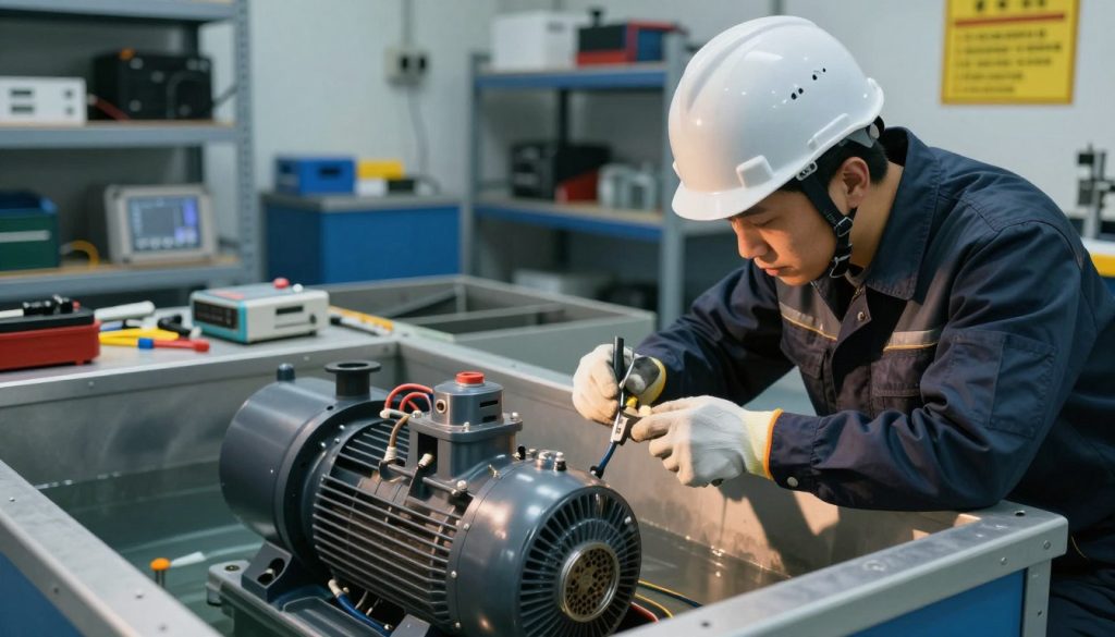 A professional technician in a clean, well-lit environment is conducting maintenance on a submersible sewage pump. The technician is wearing a safety helmet and work gloves, attentively examining the pump with tools in hand. The foreground features the pump partially submerged in a containment basin, showcasing its intricate components and wiring. In the middle ground, there are scattered tools and diagnostic equipment, hinting at a systematic troubleshooting process. The background includes storage racks with equipment and safety signage, suggesting a highly organized workspace. The lighting is bright and focused, emphasizing the pump's mechanical details, while soft shadows create a professional yet approachable atmosphere. Use a wide-angle lens to capture the entire scene, providing depth and context.
