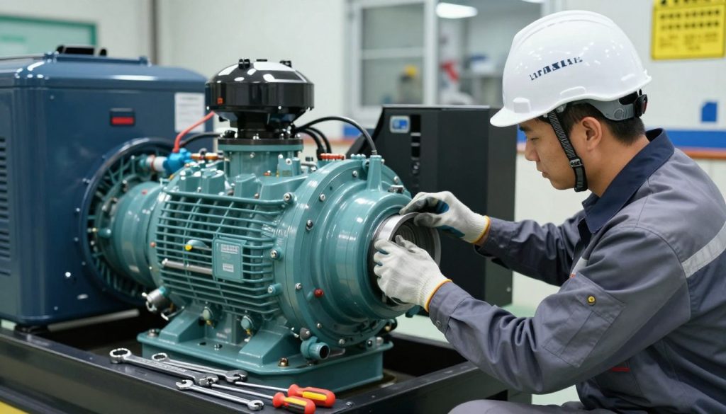A professional technician in a clean, well-lit industrial environment is performing maintenance on a large energy generator. He is wearing a safety helmet, gloves, and work attire, with focus on his hands skillfully inspecting the generator's components. In the foreground, tools like wrenches and screwdrivers are neatly arranged beside the generator, showcasing a methodical approach to maintenance. The middle ground features the generator itself, with intricate details of its mechanical parts, highlighting both its scale and complexity. The background is slightly blurred, revealing equipment storage and safety signage that enhances the technical setting. The lighting is bright and even, emphasizing safety and professionalism. The mood conveys diligence and expertise in technical care, underscoring the importance of regular maintenance practices for energy generators in operational environments.