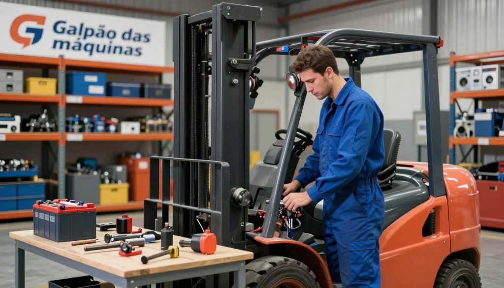 A professional technician in a clean, well-lit warehouse is performing preventive maintenance on an electric forklift. The technician, dressed in a blue jumpsuit, is carefully inspecting the battery and electrical components, showcasing attention to detail. In the foreground, there are tools and maintenance equipment neatly arranged on a nearby workbench. In the background, shelves filled with various machinery and spare parts can be seen, with a large banner displaying the brand name "Galpão das máquinas". The lighting is bright and focused, accentuating the technician's work area, while soft shadows create a sense of depth. The overall atmosphere conveys a commitment to safety and efficiency in industrial settings. A professional technician in a clean, well-lit warehouse is performing preventive maintenance on an electric forklift. The technician, dressed in a blue jumpsuit, is carefully inspecting the battery and electrical components, showcasing attention to detail. In the foreground, there are tools and maintenance equipment neatly arranged on a nearby workbench. In the background, shelves filled with various machinery and spare parts can be seen, with a large banner displaying the brand name "Galpão das máquinas". The lighting is bright and focused, accentuating the technician's work area, while soft shadows create a sense of depth. The overall atmosphere conveys a commitment to safety and efficiency in industrial settings.