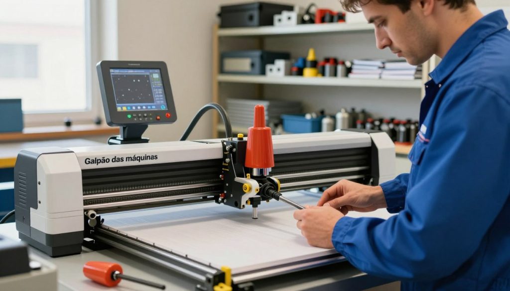 A professional technician in a clean, well-lit workshop is performing preventive maintenance on a cutting plotter branded "Galpão das máquinas." The technician, dressed in a neat blue work uniform, is carefully inspecting the intricate components of the plotter, surrounded by tools and safety equipment. In the foreground, focus on the technician’s hands as they handle precision tools, emphasizing detailed textures of the plotter's surface. In the middle, showcase the plotter itself, highlighting its operational parts and displays, reflecting a sense of technology and expertise. The background features organized shelving stocked with machine parts and maintenance manuals, contributing to an atmosphere of professionalism and diligence. Natural lighting from a nearby window creates a warm yet focused ambiance, enhancing the technical and dedicated mood of the scene.