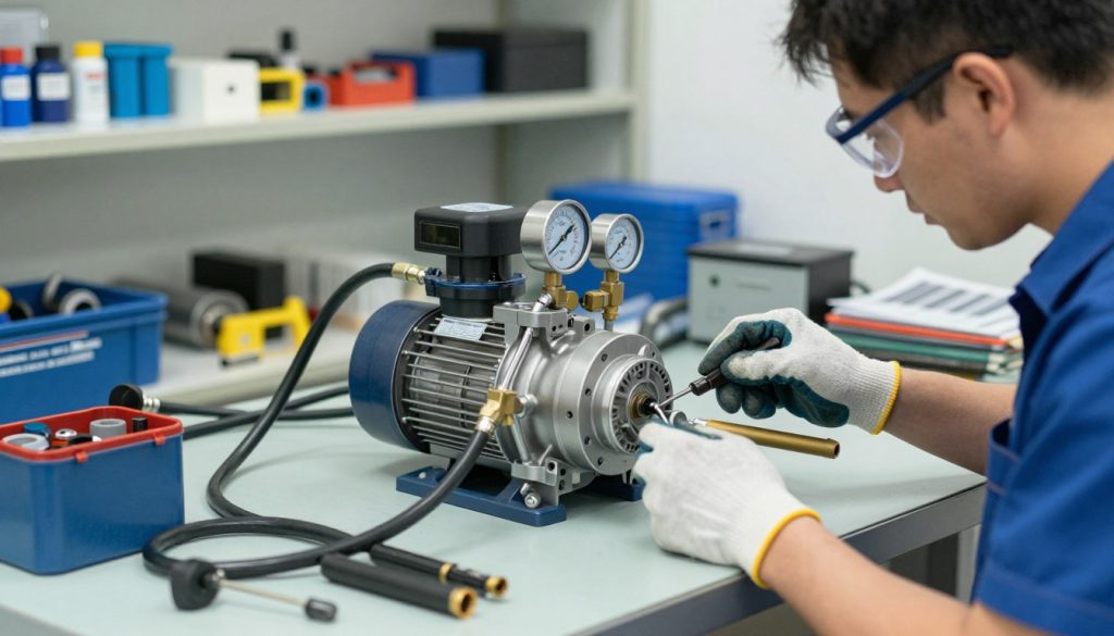 A professional technician in a clean, well-lit workshop, wearing safety goggles and work gloves, inspecting a vacuum pump on a sturdy workbench. The foreground captures the technician's focused expression as he uses tools to maintain the pump, surrounded by various maintenance equipment and parts. In the middle, a detailed view of the vacuum pump features visible components like hoses, gauges, and labels indicating pressure levels, showcasing the precision of the machinery. The background shows neatly organized shelves with spare parts and manuals, enhancing the workshop feel. The lighting is bright and clear, emphasizing the technical intricacies of the maintenance work. The atmosphere is industrious and professional, reflecting a commitment to quality and expertise in vacuum pump maintenance.