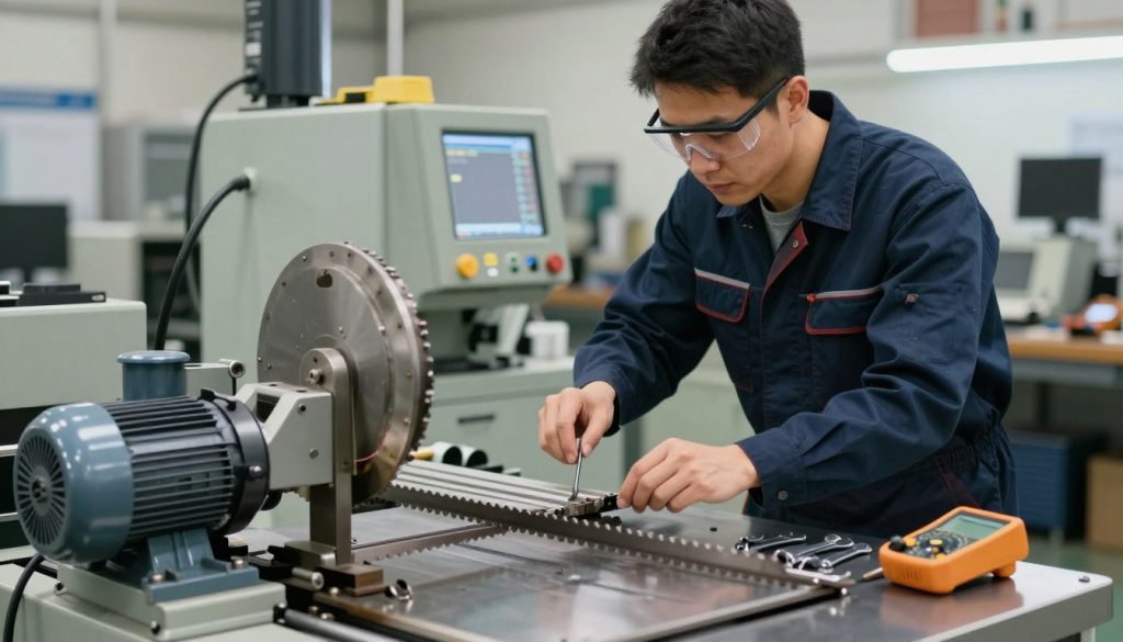 A professional technician in a factory setting, diagnosing issues with an industrial band saw. The technician is wearing a navy blue overall and safety goggles, focused intently on the machine's operation panel. The foreground features detailed close-ups of the band saw’s blade and motor, showcasing metal components and potential wear points. In the middle ground, the technician is surrounded by various tools such as wrenches and multimeters, hinting at a thorough troubleshooting process. The background presents a well-organized workshop with additional machinery and safety equipment, all illuminated by soft, fluorescent lighting. The atmosphere conveys a sense of diligence and expertise, highlighting the importance of routine maintenance and problem-solving in industrial environments. A professional technician in a factory setting, diagnosing issues with an industrial band saw. The technician is wearing a navy blue overall and safety goggles, focused intently on the machine's operation panel. The foreground features detailed close-ups of the band saw’s blade and motor, showcasing metal components and potential wear points. In the middle ground, the technician is surrounded by various tools such as wrenches and multimeters, hinting at a thorough troubleshooting process. The background presents a well-organized workshop with additional machinery and safety equipment, all illuminated by soft, fluorescent lighting. The atmosphere conveys a sense of diligence and expertise, highlighting the importance of routine maintenance and problem-solving in industrial environments.