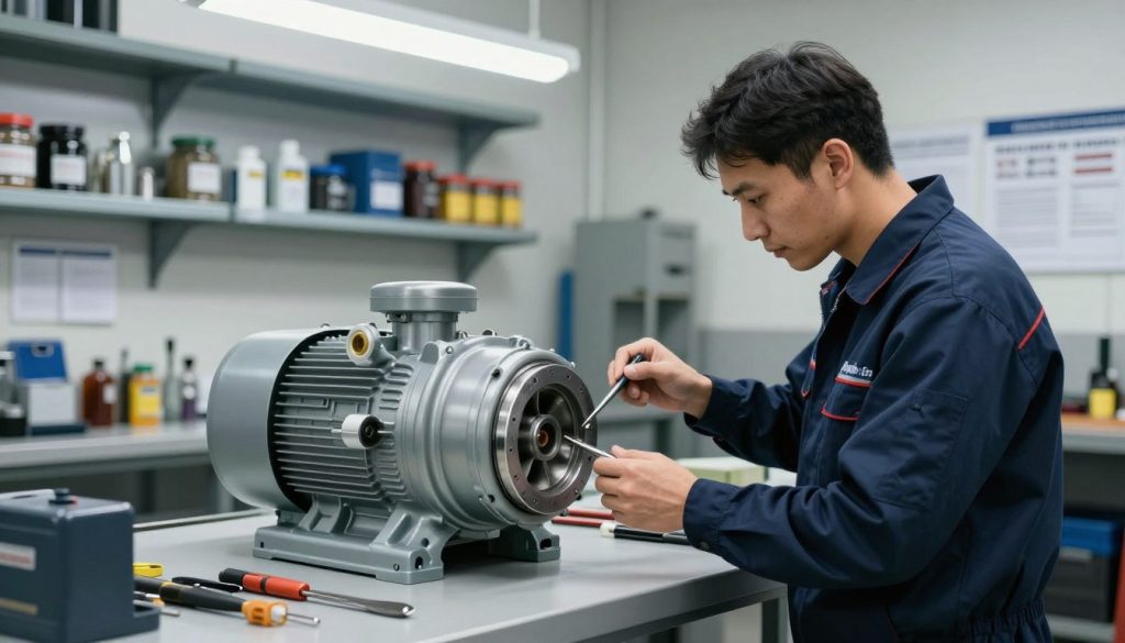 A professional technician in a modern workshop, engaged in preventive maintenance of a centrifugal pump. In the foreground, the technician, dressed in a dark blue uniform, is inspecting the pump parts using tools, with detailed components such as impellers and seals visible. The middle ground features the centrifugal pump itself, meticulously clean and placed on a sturdy workbench, surrounded by well-organized tools and equipment. The background shows shelves stocked with spare parts and maintenance manuals, illuminated by bright overhead lights, creating a sense of diligence and focus. The atmosphere is professional and meticulous, reflecting the importance of regular maintenance in machinery. The brand logo "Galpão das máquinas" can be subtly integrated into the workspace.