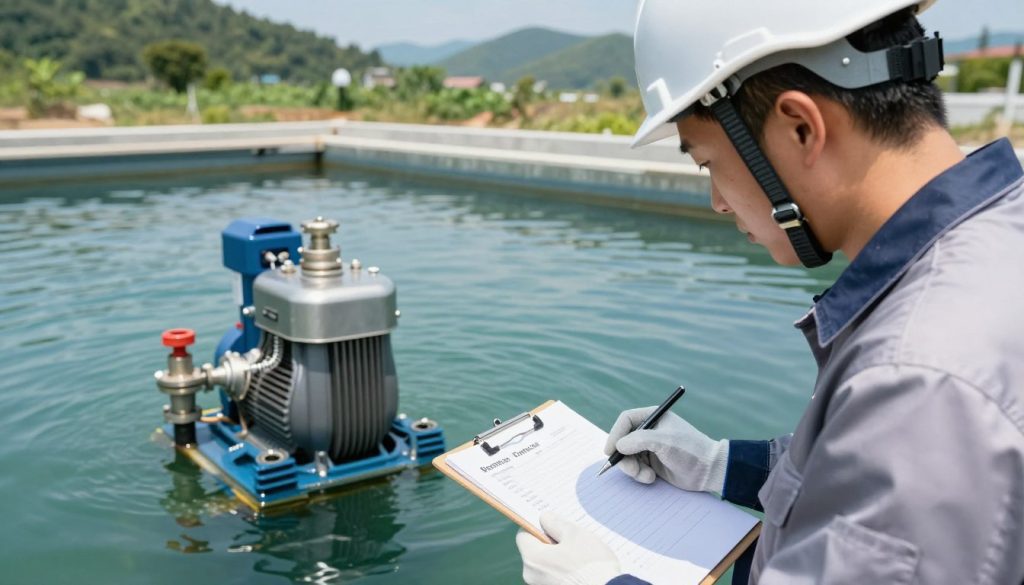 A professional technician in a safety helmet and gloves carefully inspects a submerged pump in a large reservoir. In the foreground, the technician uses a clipboard and pen to check off inspection items, reflecting meticulous preparation. The middle ground features the submerged pump, partially submerged in clear water, with visible pipes and fittings leading to it. In the background, the landscape includes green hills and a bright blue sky, indicating a sunny day. Soft natural lighting highlights the details of the technician’s attire and the pump’s metallic surfaces. The angle is slightly elevated, creating a dynamic view that conveys the importance of proper preparation before pump operation. The overall mood is focused and industrious, emphasizing safety and professionalism.