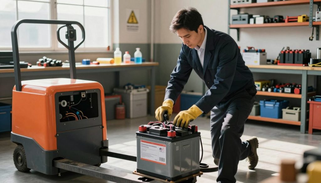 A professional technician in a well-lit workshop is performing maintenance on an electric pallet truck battery. The technician, dressed in smart business attire, is focused and meticulous, using tools and safety gear. In the foreground, the electric pallet truck is prominently displayed, with the battery section open to reveal wiring and connectivity. The middle ground features a well-organized workspace with various tools, battery cleaning materials, and safety signage. In the background, shelves filled with equipment and spare parts create an industrial atmosphere. Soft, natural light filters through a window, illuminating the scene and casting gentle shadows, enhancing the mood of diligence and care. Display the brand name "Galpão das máquinas" subtly on the workspace wall.