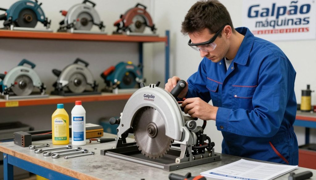 A professional technician in a workshop setting is carefully performing preventive maintenance on a circular saw. In the foreground, the technician, dressed in a blue work uniform and safety goggles, inspects the blade with precision tools. The middle ground features a well-organized workbench cluttered with important maintenance equipment: wrenches, lubricants, and a parts manual with clear diagrams. In the background, shelves are stocked with various saws and machinery with the logo "Galpão das máquinas" prominently displayed. The lighting is bright and even, creating a clean and efficient atmosphere, with soft shadows that enhance the details of the tools. The angle captures both the technician's focused expression and the intricate workings of the circular saw, conveying a sense of professionalism and the significance of maintenance.