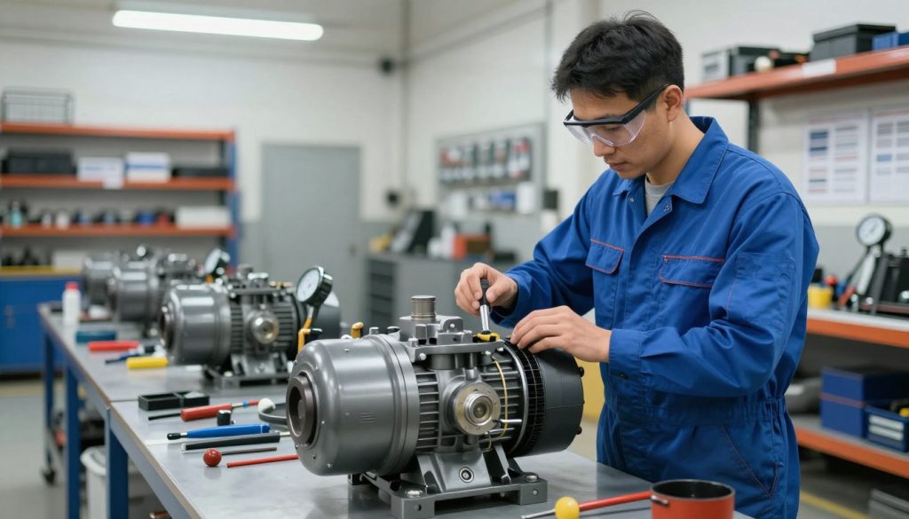 A professional technician in a workshop setting performing preventive maintenance on industrial hydraulic pumps, wearing a clean blue jumpsuit and safety goggles. In the foreground, focus on the technician inspecting a large, detailed hydraulic pump with tools scattered around, emphasizing the mechanical components and intricate workings. The middle ground features additional hydraulic pumps lined up on a workbench, with tools and gauges organized neatly, under bright, overhead fluorescent lighting that creates a clean, efficient atmosphere. The background shows shelves stocked with maintenance equipment and manuals, adding depth to the scene. The overall mood is industrious and focused, capturing the essence of proactive maintenance in a well-equipped industrial environment.