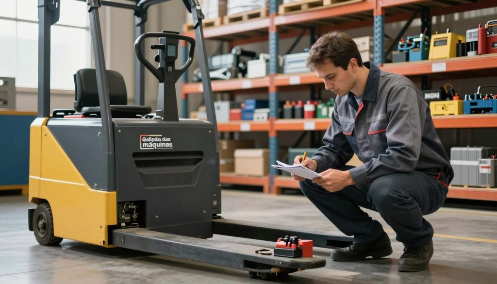 A professional technician in business attire conducts a thorough inspection of an electric pallet jack in a well-lit warehouse environment. The foreground focuses on the technician, who is examining the pallet jack's components, such as the battery, wheels, and safety features, using tools like a multimeter and inspection checklist. In the middle, the electric pallet jack features the brand name "Galpão das máquinas" prominently, displaying its design and operational labels. The background includes organized shelves filled with various industrial equipment and spare parts, creating a sense of a busy, efficient workspace. Soft, natural light filters through high windows, casting gentle shadows and enhancing the atmosphere of diligence and professionalism in safety compliance.