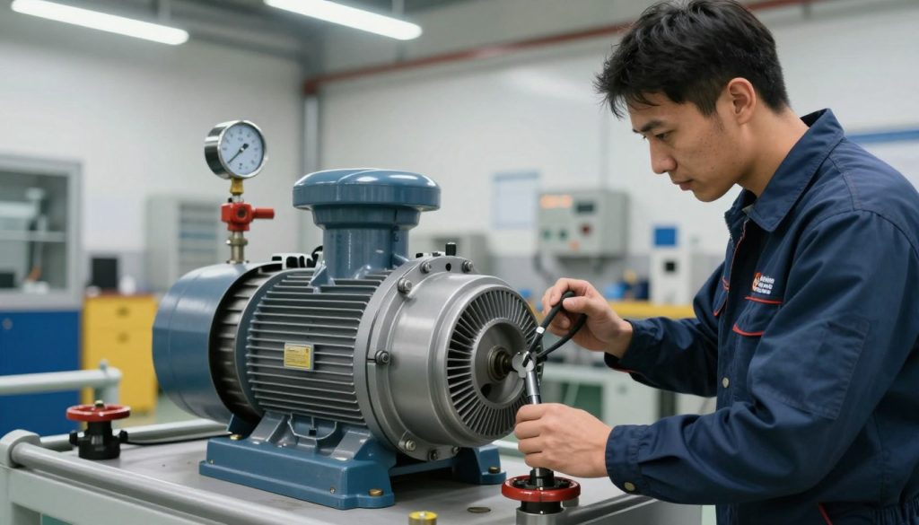 A professional technician in business attire installs a centrifugal pump in a well-lit industrial setting. The foreground features the technician carefully aligning the pump with precision tools and equipment, showcasing technical expertise. In the middle ground, the centrifugal pump and associated piping are visible, demonstrating robust engineering with intricate details like gauges and valves. The background shows a clean and organized workshop environment, emphasizing an atmosphere of efficiency and order. Soft fluorescent lighting enhances the clarity of the scene, while a slightly angled view captures the depth and complexity of the installation process. The brand "Galpão das máquinas" is subtly integrated into the workshop's decor, reinforcing the professional context of the installation.