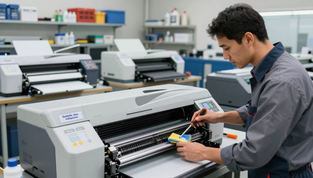 A professional technician in business attire is focused on performing maintenance on a large plotter printer in a well-organized workshop. The foreground showcases the technician, examining the printhead, using precision tools like a screwdriver and cleaning supplies. In the middle ground, various types of plotters are visible, demonstrating their unique designs and features, with labels on them that read "Galpão das máquinas." The background depicts shelves filled with maintenance supplies and tools, illuminated by bright overhead lighting for a clean and efficient atmosphere. The overall mood is one of diligence and expertise, emphasizing the importance of preventive maintenance while showcasing the intricate details of plotter care.