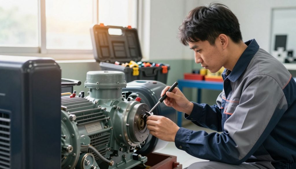 A professional technician in business attire performs preventive maintenance on a large industrial generator in a well-lit, clean workshop environment. In the foreground, focus on the technician closely inspecting the generator's components with specialized tools, showcasing a sense of dedication and expertise. In the middle ground, several maintenance tools are neatly arranged, including a toolbox and spare parts, emphasizing organization and readiness for preventive work. The background features a bright window letting in natural light, casting a warm glow on the scene, enhancing the atmosphere of professionalism and efficiency. This setting highlights the importance of proactive maintenance and the benefits it brings to energy generation reliability and longevity.