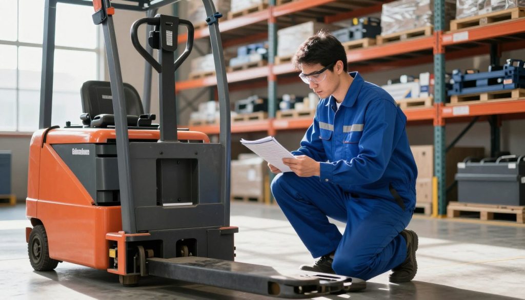 A professional technician inspecting an electric pallet jack in a well-lit warehouse environment. The technician, dressed in a blue coverall and safety glasses, is kneeling beside the pallet jack, examining its components with a detailed checklist in hand. The pallet jack is brightly colored and clearly labeled with the brand name "Galpão das máquinas." In the background, well-organized shelves filled with various warehouse equipment create a sense of order and efficiency. Natural light floods the space through large windows, casting soft shadows and highlighting the technician's focused expression. The overall atmosphere is one of diligence and safety, emphasizing the importance of regular inspections for operational efficiency. The image captures the essence of routine maintenance in a professional setting, ideal for illustrating the significance of periodic inspections.