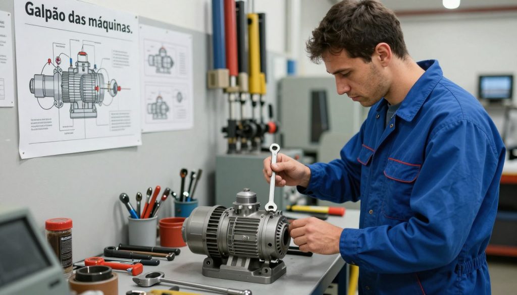 A professional technician is conducting preventive maintenance on a hydraulic pump in a well-lit workshop environment at "Galpão das máquinas." In the foreground, the technician, dressed in a blue work uniform, is carefully inspecting the pump with a wrench in hand. The middle ground features an array of tools neatly organized on a workbench, and detailed diagrams of the hydraulic system pinned on the wall. In the background, there are hydraulic jacks and various machinery, adding to the industrial atmosphere. The lighting is bright and focused on the technician and the pump, creating a clear, sharp image that conveys diligence and thoroughness in maintenance. The overall mood is focused and professional, emphasizing the importance of preventive measures. A professional technician is conducting preventive maintenance on a hydraulic pump in a well-lit workshop environment at "Galpão das máquinas." In the foreground, the technician, dressed in a blue work uniform, is carefully inspecting the pump with a wrench in hand. The middle ground features an array of tools neatly organized on a workbench, and detailed diagrams of the hydraulic system pinned on the wall. In the background, there are hydraulic jacks and various machinery, adding to the industrial atmosphere. The lighting is bright and focused on the technician and the pump, creating a clear, sharp image that conveys diligence and thoroughness in maintenance. The overall mood is focused and professional, emphasizing the importance of preventive measures.