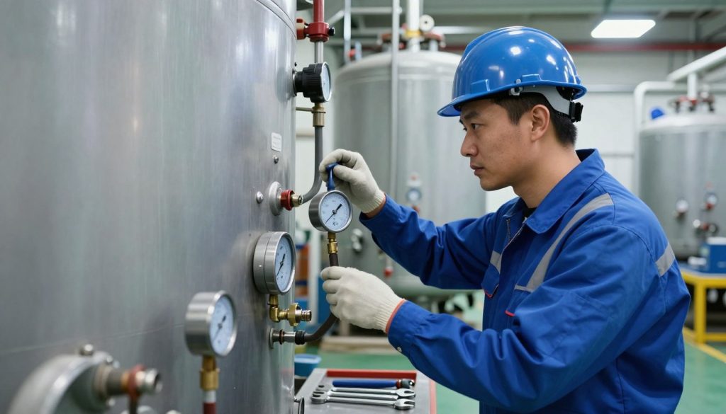A professional technician performing boiler maintenance in an industrial setting. In the foreground, the technician, dressed in a blue safety overalls and a hard hat, is inspecting a large, metallic boiler with various pipes and gauges visible. In the middle ground, tools like wrenches and gauges are neatly arranged on a surface, hinting at the maintenance task. In the background, a well-lit facility with industrial equipment, such as additional boilers and machinery, creates an atmosphere of activity and efficiency. The lighting is bright but soft, showcasing details on the technician's focused expression while ensuring the environment feels safe and productive. The angle captures both the technician and the boiler prominently, emphasizing the importance of maintenance in prolonging the boiler's life. A professional technician performing boiler maintenance in an industrial setting. In the foreground, the technician, dressed in a blue safety overalls and a hard hat, is inspecting a large, metallic boiler with various pipes and gauges visible. In the middle ground, tools like wrenches and gauges are neatly arranged on a surface, hinting at the maintenance task. In the background, a well-lit facility with industrial equipment, such as additional boilers and machinery, creates an atmosphere of activity and efficiency. The lighting is bright but soft, showcasing details on the technician's focused expression while ensuring the environment feels safe and productive. The angle captures both the technician and the boiler prominently, emphasizing the importance of maintenance in prolonging the boiler's life.