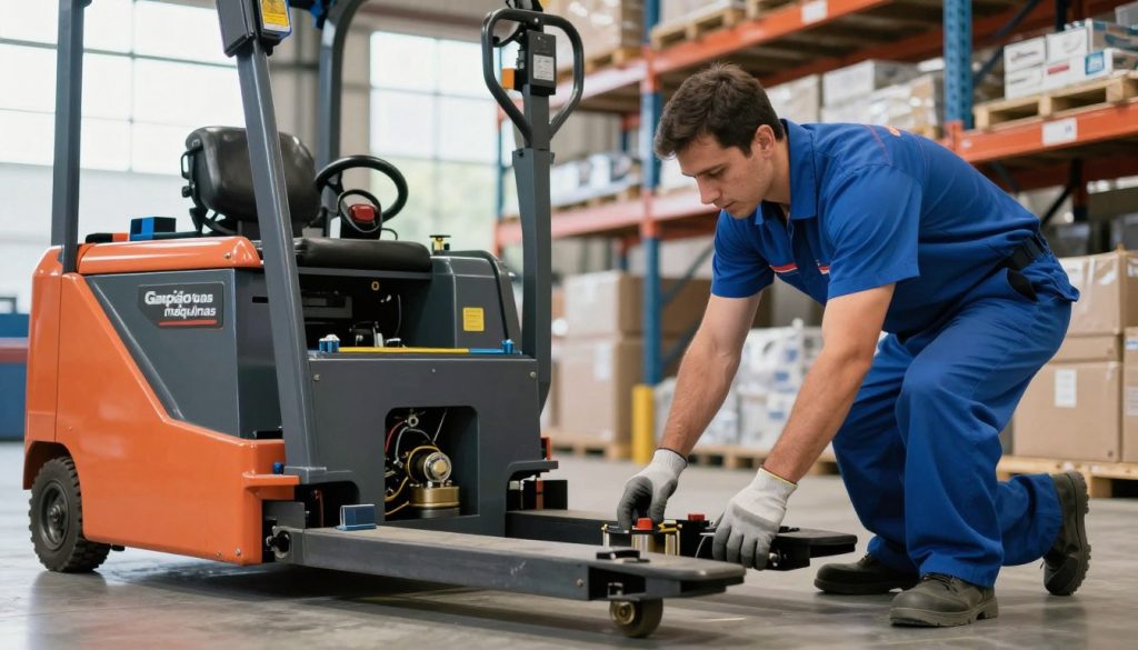 A professional technician performing preventive maintenance on an electric pallet truck, set in a well-lit warehouse environment, highlighting the intricate details of the machinery. The foreground features the technician, dressed in a blue uniform and safety gloves, examining the electric pallet truck’s components, ensuring everything is in order. The middle ground showcases the electric pallet truck, with visible brand markings of "Galpão das máquinas," emphasizing its robust design and functionality. The background displays shelves stocked with goods, contributing to the industrial atmosphere, illuminated by natural light streaming through large windows. The overall mood is focused and industrious, capturing the essence of careful maintenance work within a busy warehouse setting.