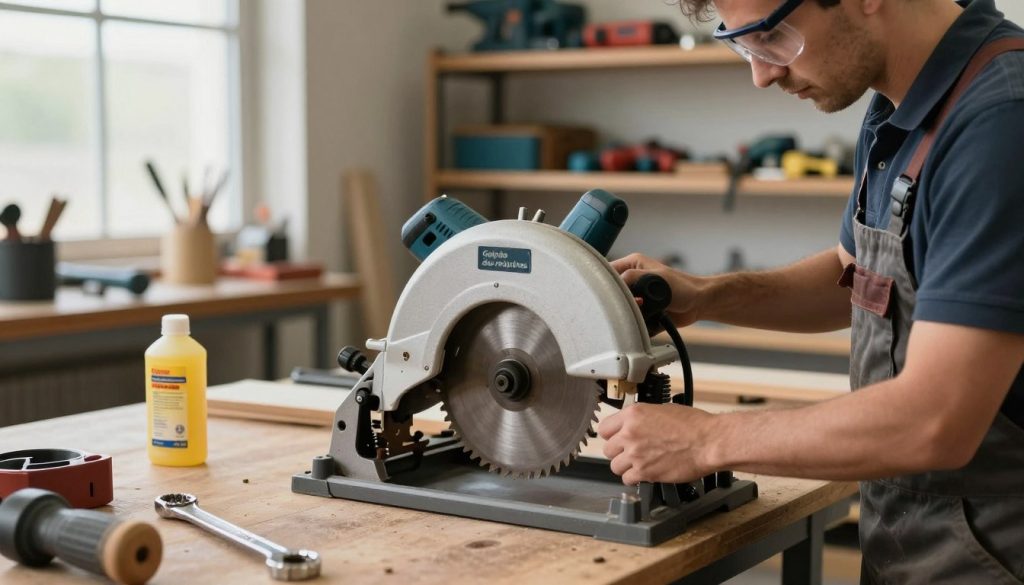 A professional technician performs preventive maintenance on a circular saw in a well-lit workshop setting. In the foreground, the technician, wearing safety glasses and a work apron, meticulously inspects the saw’s blade and components, showing a focus on vibration-reducing adjustments. In the middle ground, various maintenance tools such as a wrench, lubricant, and a manual can be seen, emphasizing the hands-on approach to equipment care. The background features organized shelves filled with more tools and materials related to woodworking. Soft, natural light filters through a window, creating a calm yet industrious atmosphere, symbolizing safety and diligence in equipment maintenance. The brand "Galpão das máquinas" is subtly included on a label on the circular saw.
