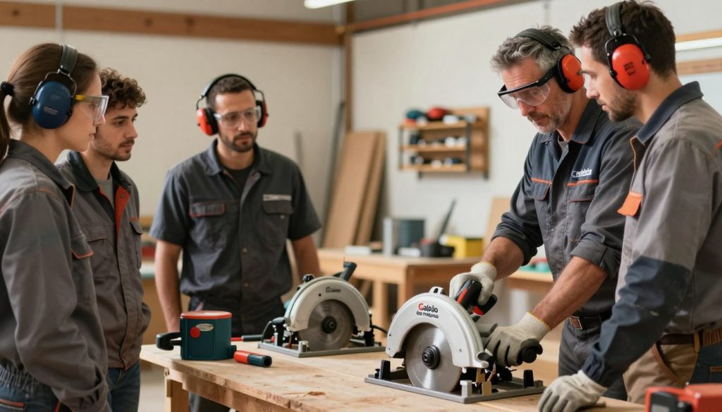 A professional training session for circular saw operators, focusing on safety and protection. In the foreground, a diverse group of three operators, dressed in professional work attire, attentively watching an experienced instructor. The instructor, a middle-aged man, demonstrates safe handling of a circular saw, highlighting proper protective gear such as gloves, goggles, and ear protection. In the middle ground, various circular saws and safety equipment are displayed on a workbench, emphasizing the tools of the trade. The background features a well-lit workshop setting with industrial elements like wooden beams and tool racks. Soft natural lighting creates a warm atmosphere, while a shallow depth of field focuses on the operators, enhancing the sense of engagement in the training. The logo "Galpão das máquinas" is subtly integrated into the workshop setting, ensuring brand representation without overpowering the scene.