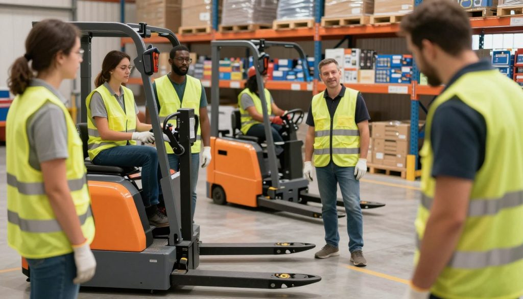 A professional training session for electric pallet jack operators at "Galpão das máquinas." In the foreground, a diverse group of two male and two female operators, dressed in safety vests and gloves, attentively listening to an instructor demonstrating the electric pallet jack's controls. The middle ground features a sleek, modern electric pallet jack, showcasing its ergonomic design and vibrant colors. Soft, natural lighting creates a warm atmosphere in the well-organized warehouse setting, with shelves stocked with products in the background, emphasizing functionality and safety. A focus on clarity and professionalism surrounds the training environment, with an inviting and educational mood that conveys the importance of proper operator training techniques.
