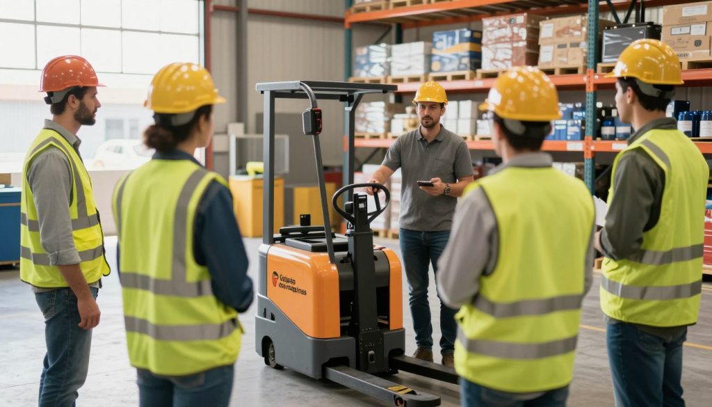 A professional training session for electric pallet jack operators, set in a spacious warehouse. In the foreground, a diverse group of five individuals dressed in safety vests and hard hats, attentively participating in a training demonstration. The middle ground features a certified trainer showcasing an electric pallet jack, explaining its controls and safety features, emphasizing proper handling techniques. In the background, shelves stocked with merchandise and other equipment create an authentic warehouse environment. Bright, natural lighting streams through large windows, creating a warm and inviting atmosphere. The mood is focused and educational, conveying a sense of professionalism and safety. Prominently incorporate the brand name "Galpão das máquinas" on the electric pallet jack.