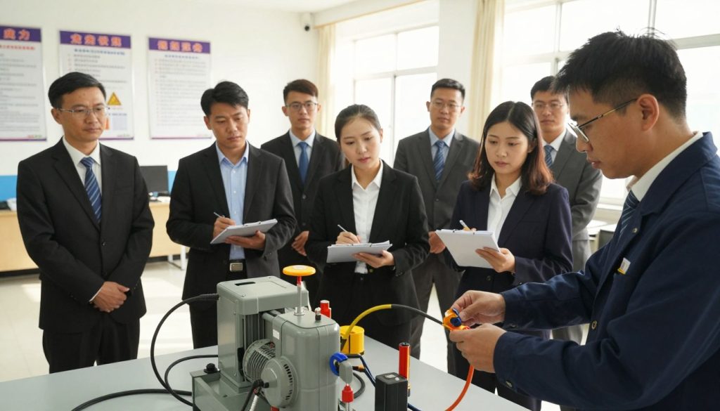 A professional training session for safe operation of equipment, featuring a diverse group of individuals in business attire, attentively engaged in a hands-on demonstration. In the foreground, a trainer is demonstrating safe practices near a vacuum pump, using tools and safety equipment, while wearing protective gear. The middle ground highlights individuals in the session, taking notes and observing closely, with a focus on their concentrated expressions. In the background, a well-lit training facility, equipped with safety posters and guidelines visible on the walls, enhances the educational atmosphere. Natural lighting streams through windows, creating a warm and inviting environment. The overall mood conveys professionalism, focus, and a commitment to safety and technical excellence.