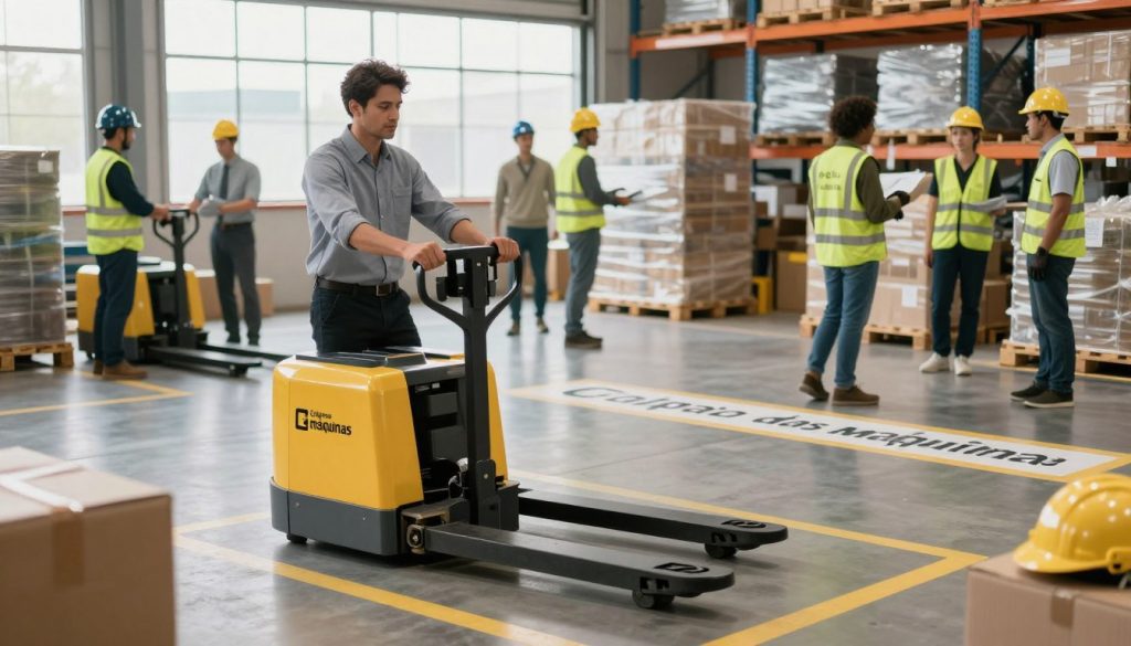 A professional warehouse environment showcasing safety in load handling with an electric pallet jack. In the foreground, a diverse group of workers dressed in professional business attire is carefully maneuvering the electric pallet jack, ensuring proper posture and safety practices. The middle ground features clearly marked safety zones with notices and reflective floor lines. The background reveals a well-organized storage area with pallets stacked securely and visible safety equipment like helmets and gloves. Soft, natural lighting illuminates the scene through large windows, creating a bright and inviting atmosphere. The brand "Galpão das máquinas" is subtly integrated into the workplace environment, emphasizing quality and safety in material transport.