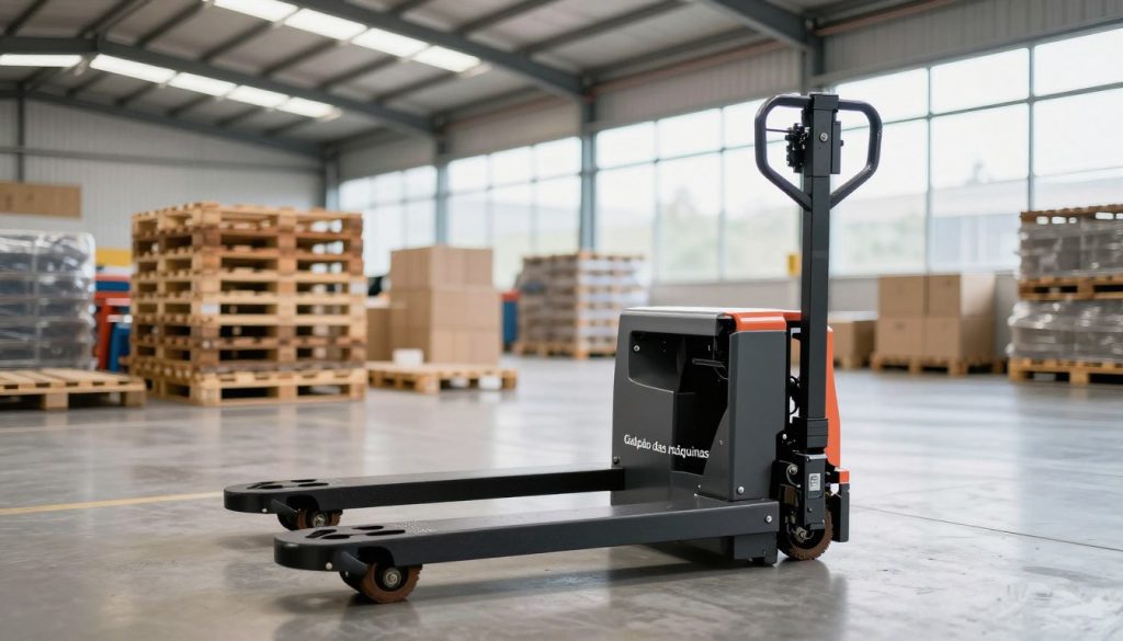A professional warehouse environment showcasing the optimization of a manual pallet jack. In the foreground, a sleek and modern manual pallet jack branded "Galpão das máquinas" is positioned, highlighting its durable design and efficiency features. In the middle ground, a well-organized workspace is visible, with neatly stacked pallets and proper lighting to emphasize cleanliness and safety. In the background, a bright and airy warehouse with high ceilings and strategic natural light pouring in through large windows creates an inviting atmosphere. The scene conveys a sense of precision and professionalism, emphasizing maintenance practices that enhance productivity and prolong the equipment's lifespan. The lighting is soft yet sufficient, focusing on the pallet jack, while utilizing a wide-angle lens to capture the environment effectively. A professional warehouse environment showcasing the optimization of a manual pallet jack. In the foreground, a sleek and modern manual pallet jack branded "Galpão das máquinas" is positioned, highlighting its durable design and efficiency features. In the middle ground, a well-organized workspace is visible, with neatly stacked pallets and proper lighting to emphasize cleanliness and safety. In the background, a bright and airy warehouse with high ceilings and strategic natural light pouring in through large windows creates an inviting atmosphere. The scene conveys a sense of precision and professionalism, emphasizing maintenance practices that enhance productivity and prolong the equipment's lifespan. The lighting is soft yet sufficient, focusing on the pallet jack, while utilizing a wide-angle lens to capture the environment effectively.