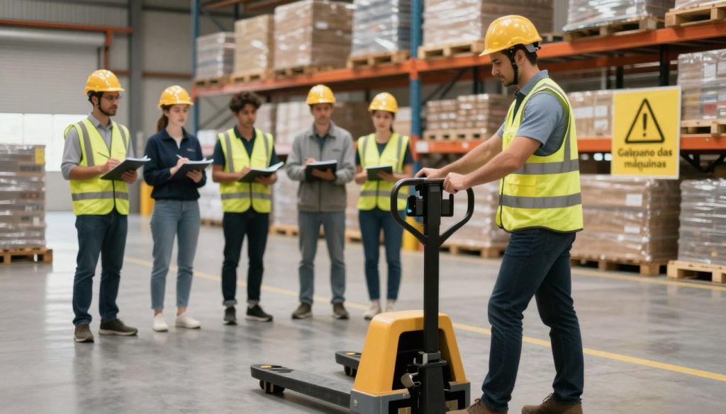 A professional warehouse setting illustrating manual pallet jack safety tips. In the foreground, a well-dressed trainer demonstrates proper techniques for operating a manual pallet jack, wearing a safety vest and helmet. In the middle ground, attentive workers in professional attire observe and take notes, engaged in a training session. The background features a spacious warehouse with neatly stacked pallets and safety signs prominently displayed. The lighting is bright and even, suggesting a well-lit environment suitable for training. The mood is educational and focused, emphasizing the importance of operator training and safety. Incorporate branding elements of "Galpão das máquinas" subtly in the scene, maintaining a professional and compliance-oriented atmosphere. A professional warehouse setting illustrating manual pallet jack safety tips. In the foreground, a well-dressed trainer demonstrates proper techniques for operating a manual pallet jack, wearing a safety vest and helmet. In the middle ground, attentive workers in professional attire observe and take notes, engaged in a training session. The background features a spacious warehouse with neatly stacked pallets and safety signs prominently displayed. The lighting is bright and even, suggesting a well-lit environment suitable for training. The mood is educational and focused, emphasizing the importance of operator training and safety. Incorporate branding elements of "Galpão das máquinas" subtly in the scene, maintaining a professional and compliance-oriented atmosphere.
