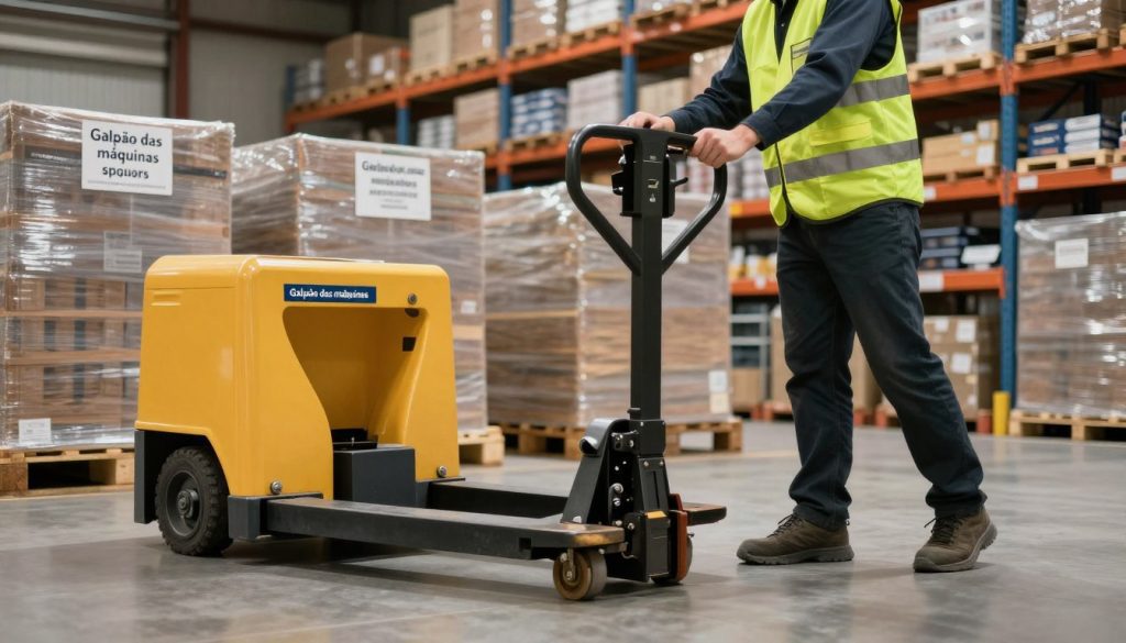 A professional warehouse setting showcasing the safe operation of manual pallet trucks. In the foreground, a worker in a safety vest and helmet carefully maneuvering a hydraulic pallet jack, demonstrating proper lifting techniques. The middle ground features a well-organized storage area with stacked pallets and clear safety signage, emphasizing a culture of safety. The background includes warehouse shelves stocked neatly, with soft, diffused lighting to create a calm and focused atmosphere. The image is taken from a low angle, highlighting the worker's careful actions while showcasing the equipment's hydraulic mechanism. The branding "Galpão das máquinas" is subtly incorporated into the warehouse environment, ensuring a cohesive and professional look while emphasizing safety in manual pallet truck operations. A professional warehouse setting showcasing the safe operation of manual pallet trucks. In the foreground, a worker in a safety vest and helmet carefully maneuvering a hydraulic pallet jack, demonstrating proper lifting techniques. The middle ground features a well-organized storage area with stacked pallets and clear safety signage, emphasizing a culture of safety. The background includes warehouse shelves stocked neatly, with soft, diffused lighting to create a calm and focused atmosphere. The image is taken from a low angle, highlighting the worker's careful actions while showcasing the equipment's hydraulic mechanism. The branding "Galpão das máquinas" is subtly incorporated into the warehouse environment, ensuring a cohesive and professional look while emphasizing safety in manual pallet truck operations.
