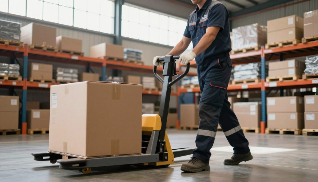 A professional warehouse worker demonstrating the correct use of a manual pallet jack, showcasing safe lifting techniques and body posture. In the foreground, the worker, dressed in a branded uniform with "Galpão das máquinas" visible, is guiding the manual pallet jack carefully loaded with boxes. The middle ground features a well-organized warehouse full of shelves and pallets of products, emphasizing an efficient storage system. The background shows large industrial windows letting in natural light, creating a bright and inviting atmosphere. The scene captures a sense of professionalism and safety. The camera angle is slightly low, emphasizing the worker's stance and the equipment. The overall mood conveys a commitment to proper techniques and warehouse efficiency.