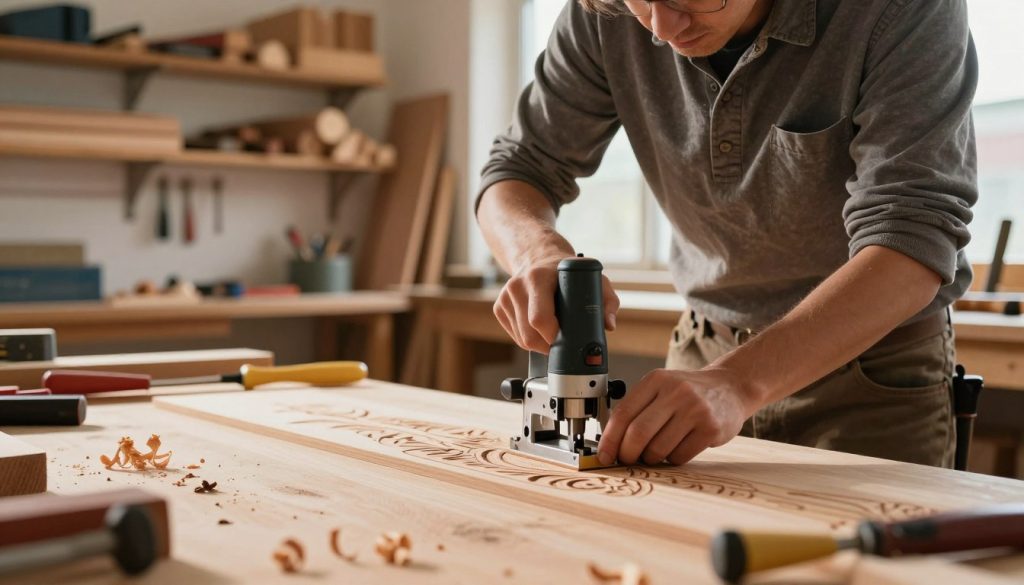 A professional woodworker using a router (tupia) to create intricate designs on a wooden surface. The scene captures the woodworker in a bright, airy workshop, surrounded by tools and wood shavings. In the foreground, focus on the router in action, showcasing its precise cutting edge and the delicate wood patterns being formed. In the middle, the woodworker, dressed in modest casual clothing for safety and comfort, is concentrating as they guide the router. The background features shelves stocked with various wood types and hand tools, bathed in warm, natural light streaming through a nearby window, creating a focused and inspiring atmosphere that highlights the craftsmanship involved in professional woodworking techniques.
