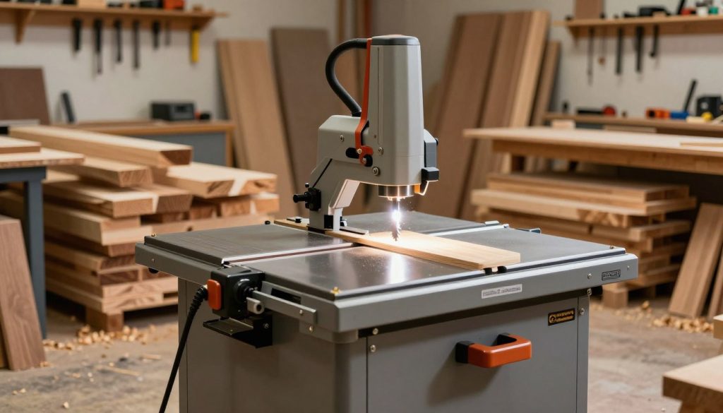 A professional woodworking shop featuring a high-quality band saw designed specifically for cutting wood. In the foreground, the band saw stands prominently, with its sharp blade gleaming under focused overhead lighting, emphasizing its precision and power. The middle ground includes neatly arranged stacks of various types of timber, showcasing different wood grains and colors, inspiring creativity in woodworking. In the background, a well-organized workshop with tools hanging on the walls and wood shavings scattered on the floor creates a productive atmosphere. The overall mood is one of craftsmanship and attention to detail, with soft, warm lighting enhancing the inviting ambiance. Include branding elements from "Galpão das máquinas" subtly integrated into the band saw's design.