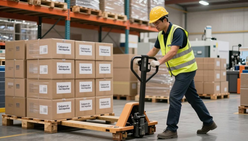 A professional worker in a safety vest and hard hat operates a manual pallet jack in a well-lit warehouse environment. The foreground features the operator focused on lifting a loaded pallet, demonstrating correct posture and technique. In the middle, stacks of neatly arranged boxes and pallets showcase the importance of organization and safety. The background includes warehouse shelves and machinery softly illuminated by overhead lighting, creating a productive atmosphere. The image captures the essence of proper manual pallet jack operation with an emphasis on safety and efficiency, reflecting the branding of "Galpão das máquinas". The camera angle is slightly elevated, providing a clear view of both the operator and the surrounding environment, ensuring a clean and professional composition, free of any text or distractions. A professional worker in a safety vest and hard hat operates a manual pallet jack in a well-lit warehouse environment. The foreground features the operator focused on lifting a loaded pallet, demonstrating correct posture and technique. In the middle, stacks of neatly arranged boxes and pallets showcase the importance of organization and safety. The background includes warehouse shelves and machinery softly illuminated by overhead lighting, creating a productive atmosphere. The image captures the essence of proper manual pallet jack operation with an emphasis on safety and efficiency, reflecting the branding of "Galpão das máquinas". The camera angle is slightly elevated, providing a clear view of both the operator and the surrounding environment, ensuring a clean and professional composition, free of any text or distractions.