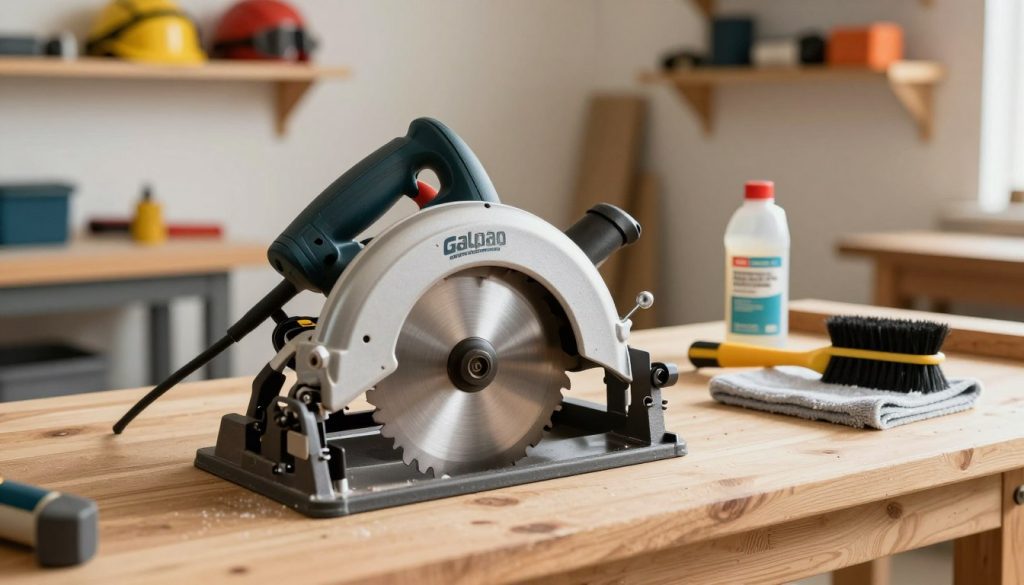 A professional working environment featuring a well-maintained circular saw on a clean wooden workbench. The foreground showcases the saw with a gleaming blade reflecting soft natural light, emphasizing its sharpness and precision. In the middle ground, a set of high-quality cleaning tools is neatly arranged, including a brush, cloth, and lubricant, symbolizing the cleaning process. The background displays an organized workshop with shelves holding tools and safety gear, bathed in warm, inviting light to convey a sense of care and professionalism. This scene reflects the importance of maintaining the circular saw's durability. The branding "Galpão das máquinas" is subtly integrated into the workbench design. The overall mood is one of diligence and respect for craftsmanship.